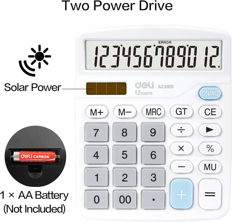 Deli Calculator, Standard Function Desktop Calculators with 12 Digit Large LCD Display and Sensitive Button, Solar Battery Dual Power Office Calculator, White - Image 4